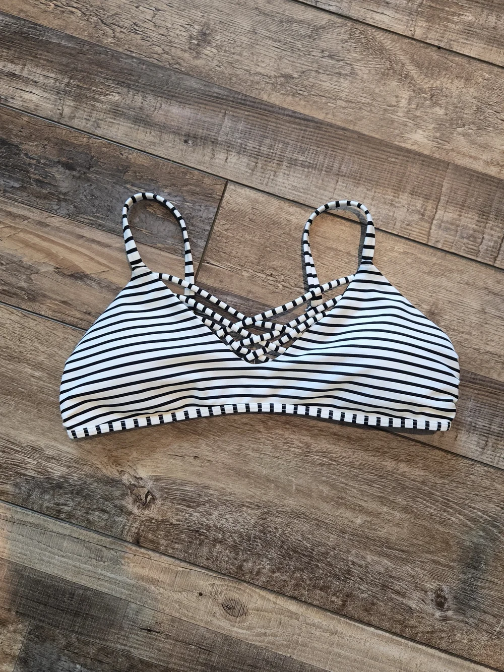 Hollister Swim Bralette Bikini Top Black White Stripe Lattice Strappy Medium